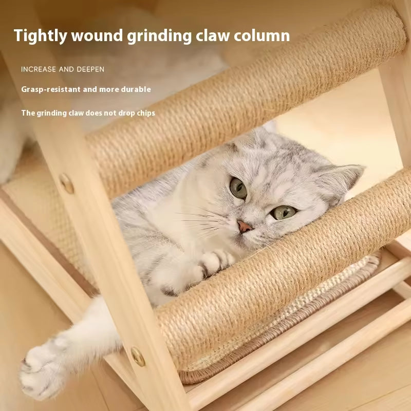 Durable Solid Wood Cat Scratcher & Bed Combo | Foldable Cat Climbing Frame with Sisal Mat | Space-Saving Cat Tree & Play Tower for Cats