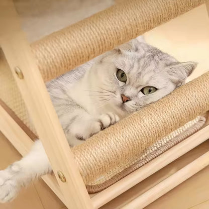 Vertical Sisal Cat Scratcher with Bed | Solid Wood Cat Tree Tower with Hammock & Ramp | Durable Multi-Functional Cat Furniture – Space Saving Design