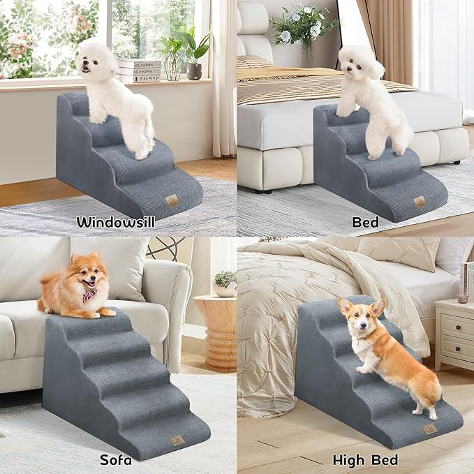 Gray Removable Dog Stairs | Washable Pet Ramp for Small & Medium Dogs | Teddy, Puppy & Senior Dog Friendly Sofa & Bed Steps