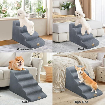 Gray Removable Dog Stairs | Washable Pet Ramp for Small & Medium Dogs | Teddy, Puppy & Senior Dog Friendly Sofa & Bed Steps