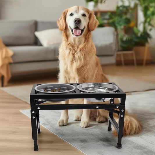 Adjustable Foldable Pet Bowl Stand | Dual Stainless Steel Bowls with Slow Feed Feature | Height Adjustable Iron Frame | Easy to Clean