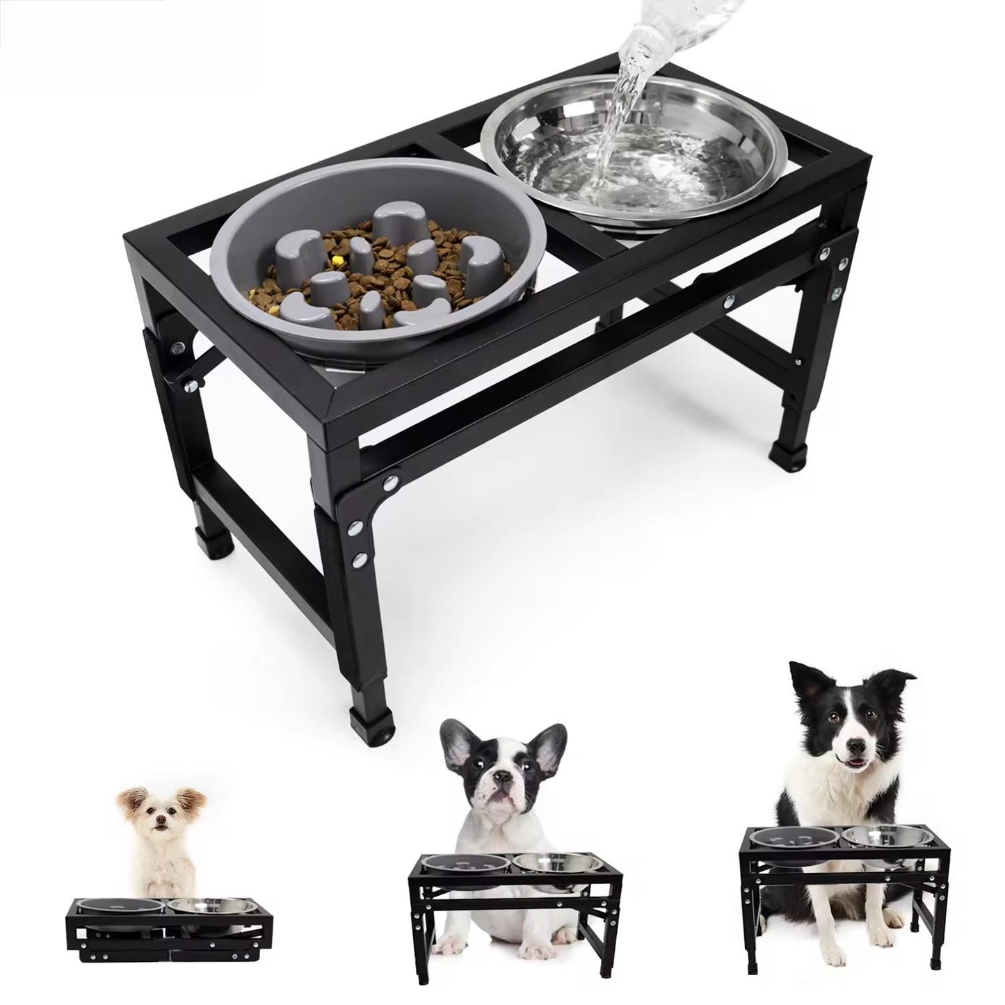 Adjustable Foldable Pet Bowl Stand | Dual Stainless Steel Bowls with Slow Feed Feature | Height Adjustable Iron Frame | Easy to Clean
