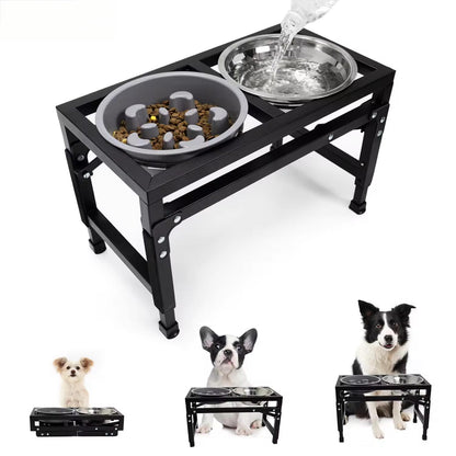 Adjustable Foldable Pet Bowl Stand | Dual Stainless Steel Bowls with Slow Feed Feature | Height Adjustable Iron Frame | Easy to Clean
