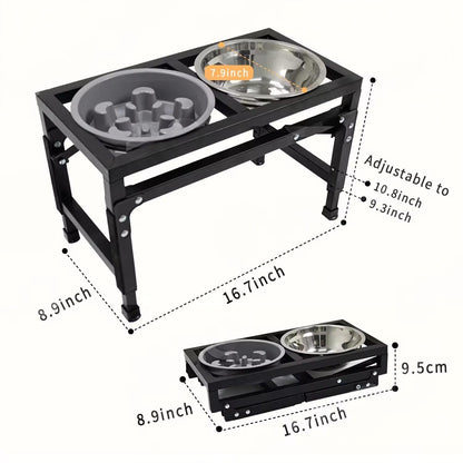 Adjustable Foldable Pet Bowl Stand | Dual Stainless Steel Bowls with Slow Feed Feature | Height Adjustable Iron Frame | Easy to Clean
