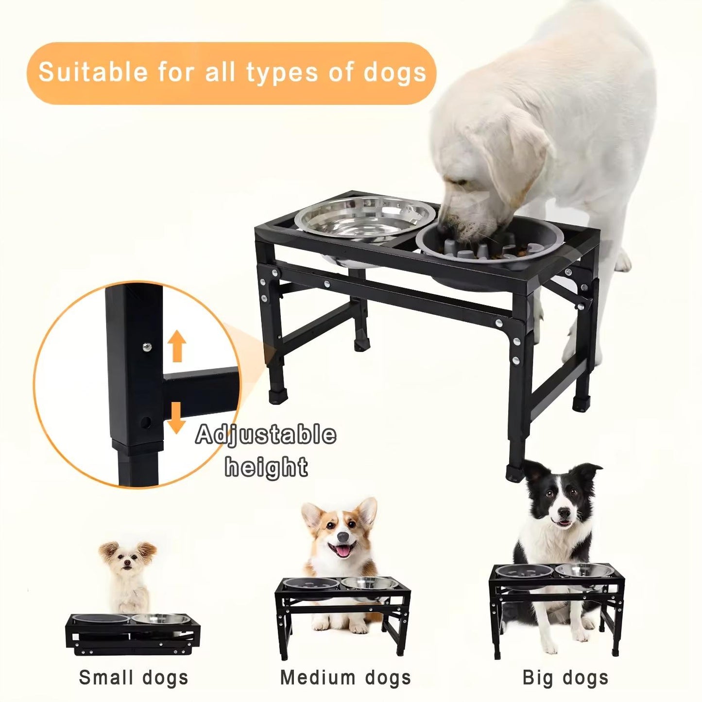 Adjustable Foldable Pet Bowl Stand | Dual Stainless Steel Bowls with Slow Feed Feature | Height Adjustable Iron Frame | Easy to Clean