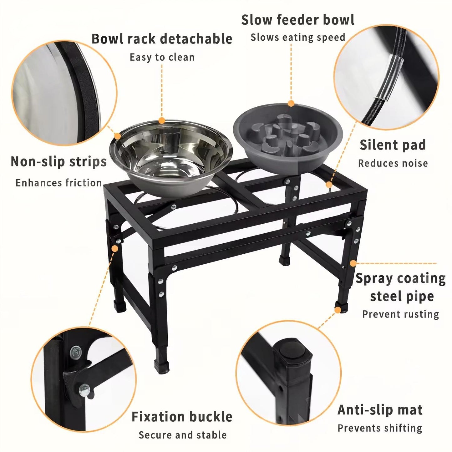 Adjustable Foldable Pet Bowl Stand | Dual Stainless Steel Bowls with Slow Feed Feature | Height Adjustable Iron Frame | Easy to Clean