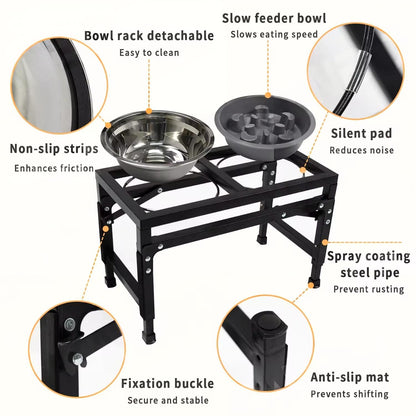 Adjustable Foldable Pet Bowl Stand | Dual Stainless Steel Bowls with Slow Feed Feature | Height Adjustable Iron Frame | Easy to Clean