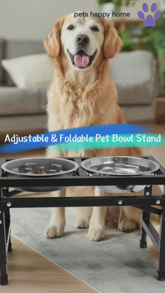 Adjustable Foldable Pet Bowl Stand | Dual Stainless Steel Bowls with Slow Feed Feature | Height Adjustable Iron Frame | Easy to Clean