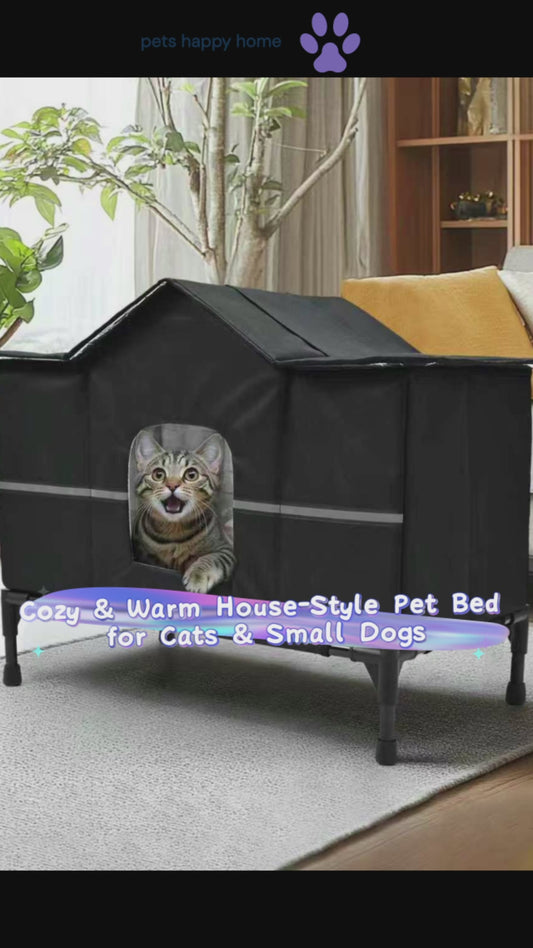 Winter Cozy House-Style Cat Bed | Elevated & Insulated Pet House with Removable Roof | Waterproof, Heated Pet Tent for Small Cats & Dogs