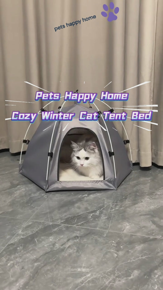 Cozy Winter Cat Tent Bed | Oxford Fabric Semi-Enclosed Indoor Pet House with Removable Cushion | Warm & Durable Pet Shelter for Cats & Small Dogs