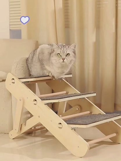 Adjustable & Foldable Wooden Pet Stairs – Durable, Scratch-Resistant 2-in-1 Cat & Dog Climber with Folding Design